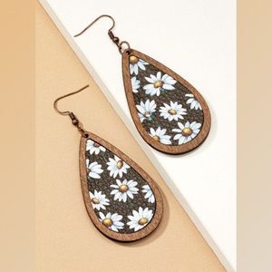 Brown Wood white flower tear drop leather daisy drop earrings